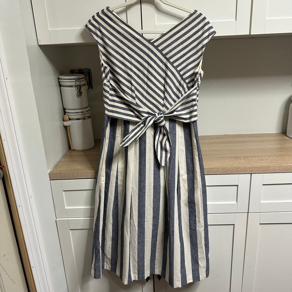 Lafayette 148 Ximena Striped Dress Women M Midi Coastal Linen Tie Pockets Career - Picture 2 of 10